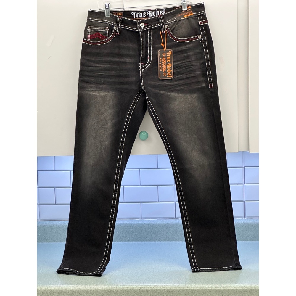 True Rebel 900 Series Lando Black Slim Fit Jeans Red White Stitch 36x30 808 NEW